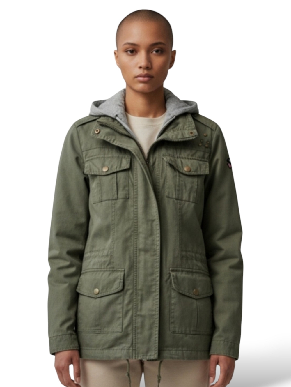 Hot Topic Military Green Cargo Pockets Gray Hooded Zip Up Jacket Women's Medium